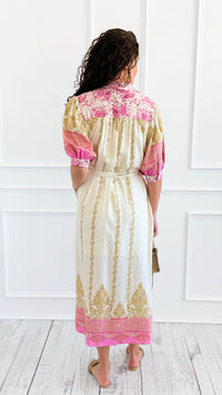 Baroque Border Belted Midi Dress-200 Dresses/Jumpsuits/Rompers-entro-Coastal Bloom Boutique, find the trendiest versions of the popular styles and looks Located in Indialantic, FL