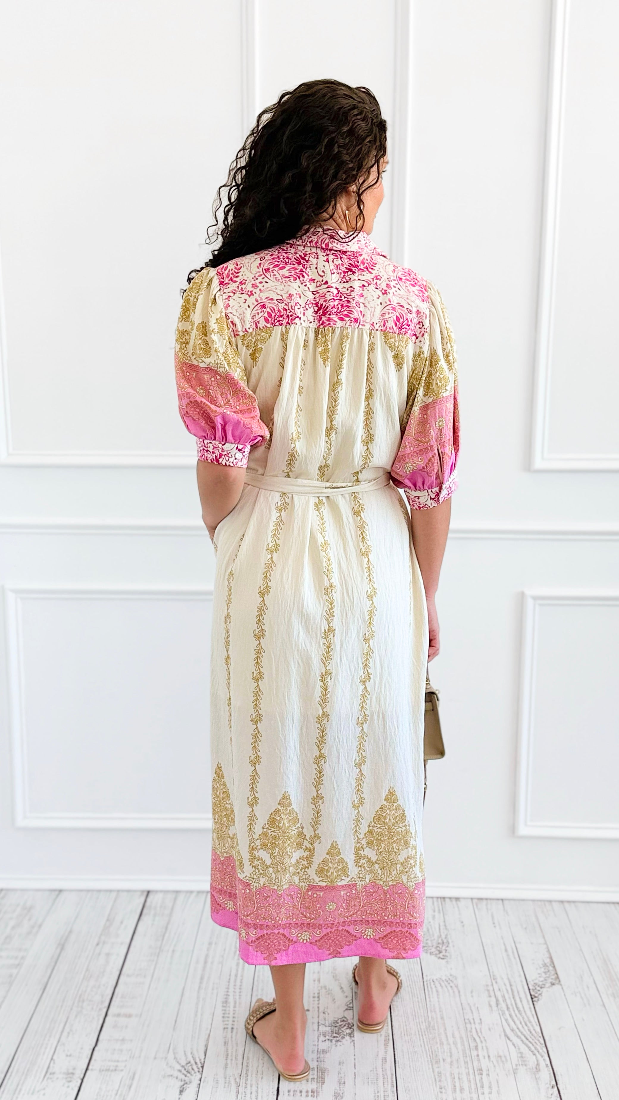 Baroque Border Belted Midi Dress-200 Dresses/Jumpsuits/Rompers-entro-Coastal Bloom Boutique, find the trendiest versions of the popular styles and looks Located in Indialantic, FL