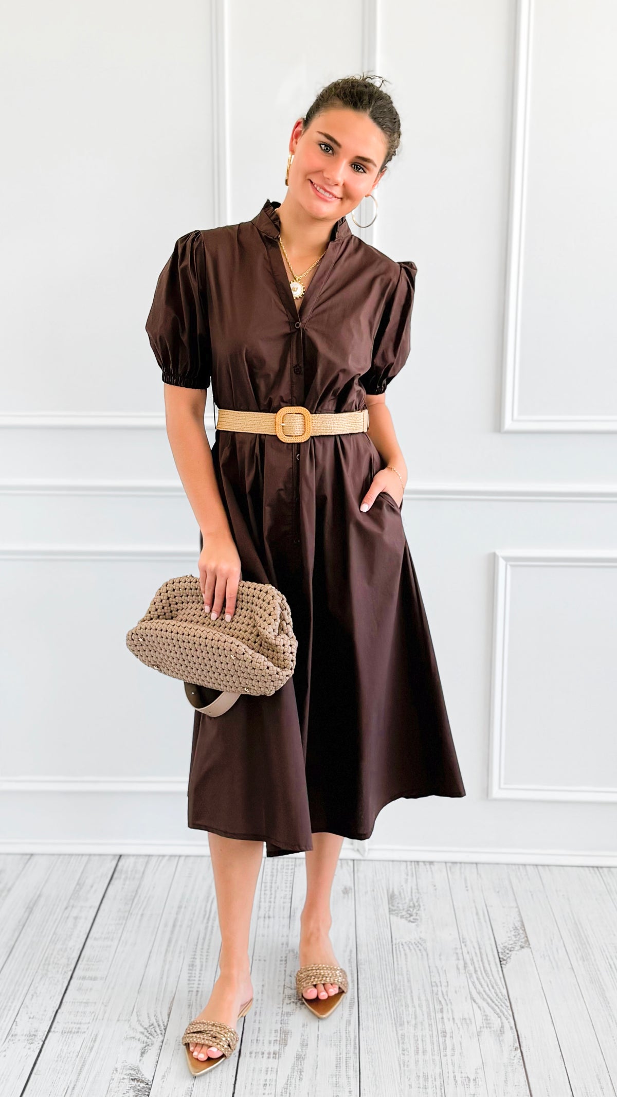 Elegant Belted Italian Midi Dress- Brown-200 Dresses/Jumpsuits/Rompers-AZUL MONACO-Coastal Bloom Boutique, find the trendiest versions of the popular styles and looks Located in Indialantic, FL