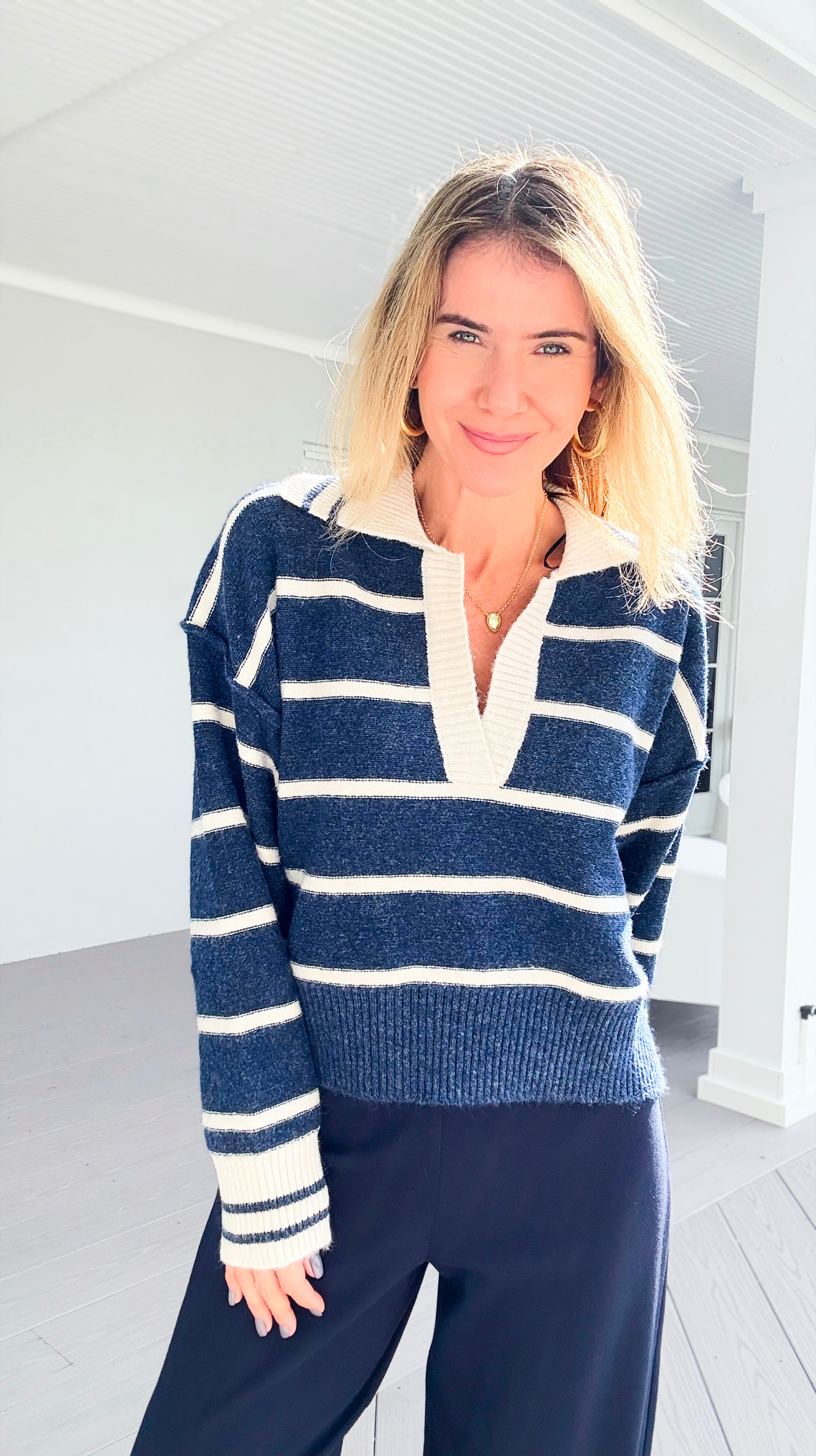 Sail Away V-Neck Knit Sweater-140 Sweaters-Creamon-Coastal Bloom Boutique, find the trendiest versions of the popular styles and looks Located in Indialantic, FL