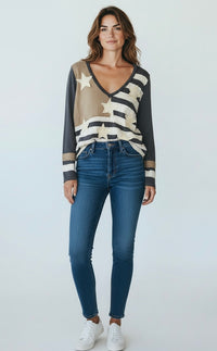 Heritage Patch V-Neck Top-110 Long Sleeve Tops-POL-Coastal Bloom Boutique, find the trendiest versions of the popular styles and looks Located in Indialantic, FL