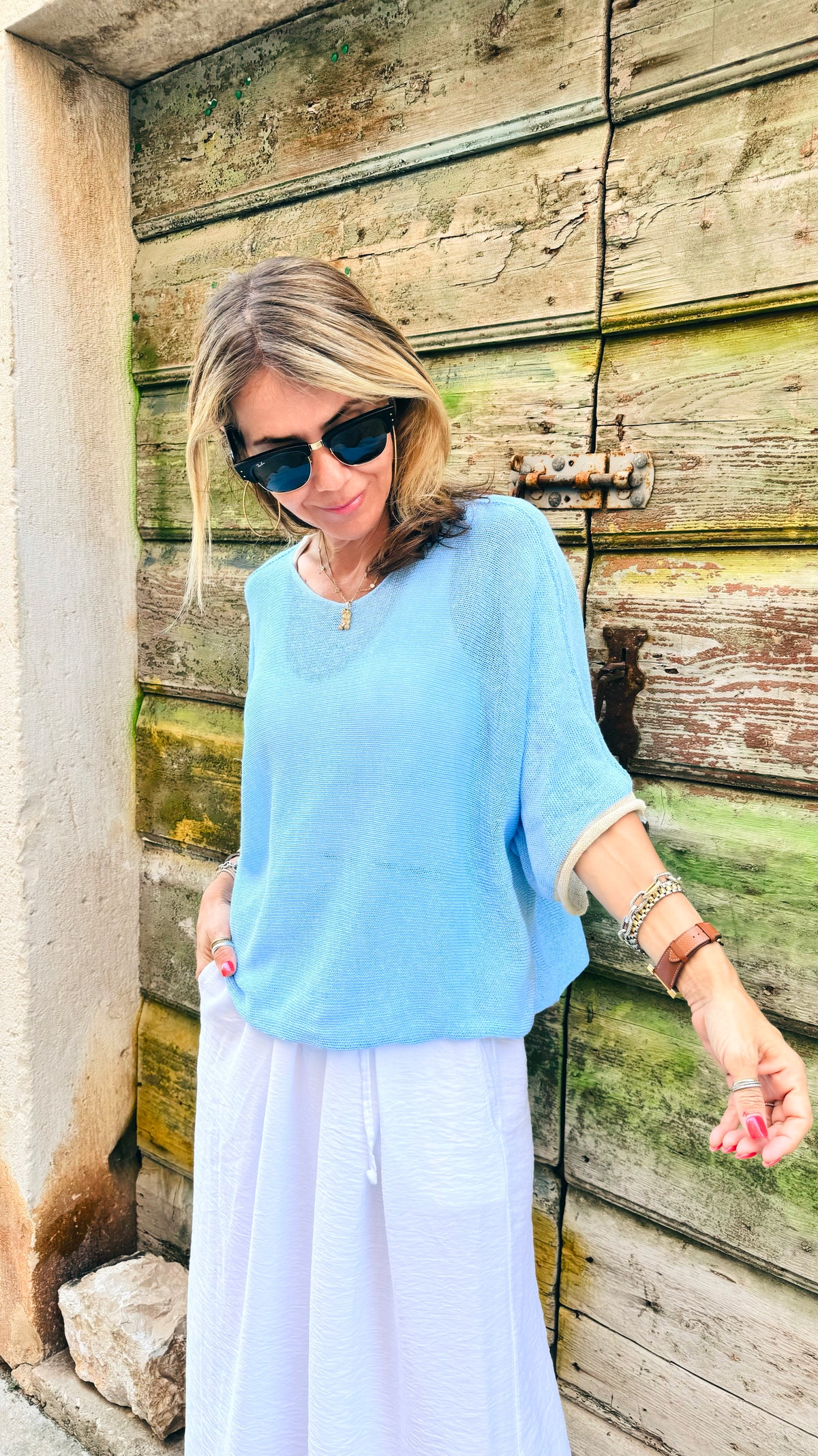 Contrast Coast Italian Knit - Light Blue/Beige-100 Sleeveless Tops-Italianissimo-Coastal Bloom Boutique, find the trendiest versions of the popular styles and looks Located in Indialantic, FL