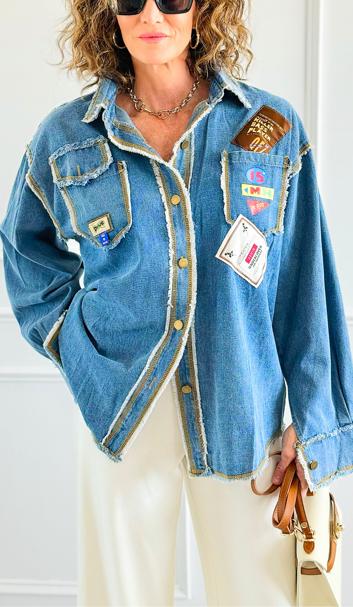 Distressed Pop Denim Top-130 Long Sleeve Tops-Weilco-Coastal Bloom Boutique, find the trendiest versions of the popular styles and looks Located in Indialantic, FL