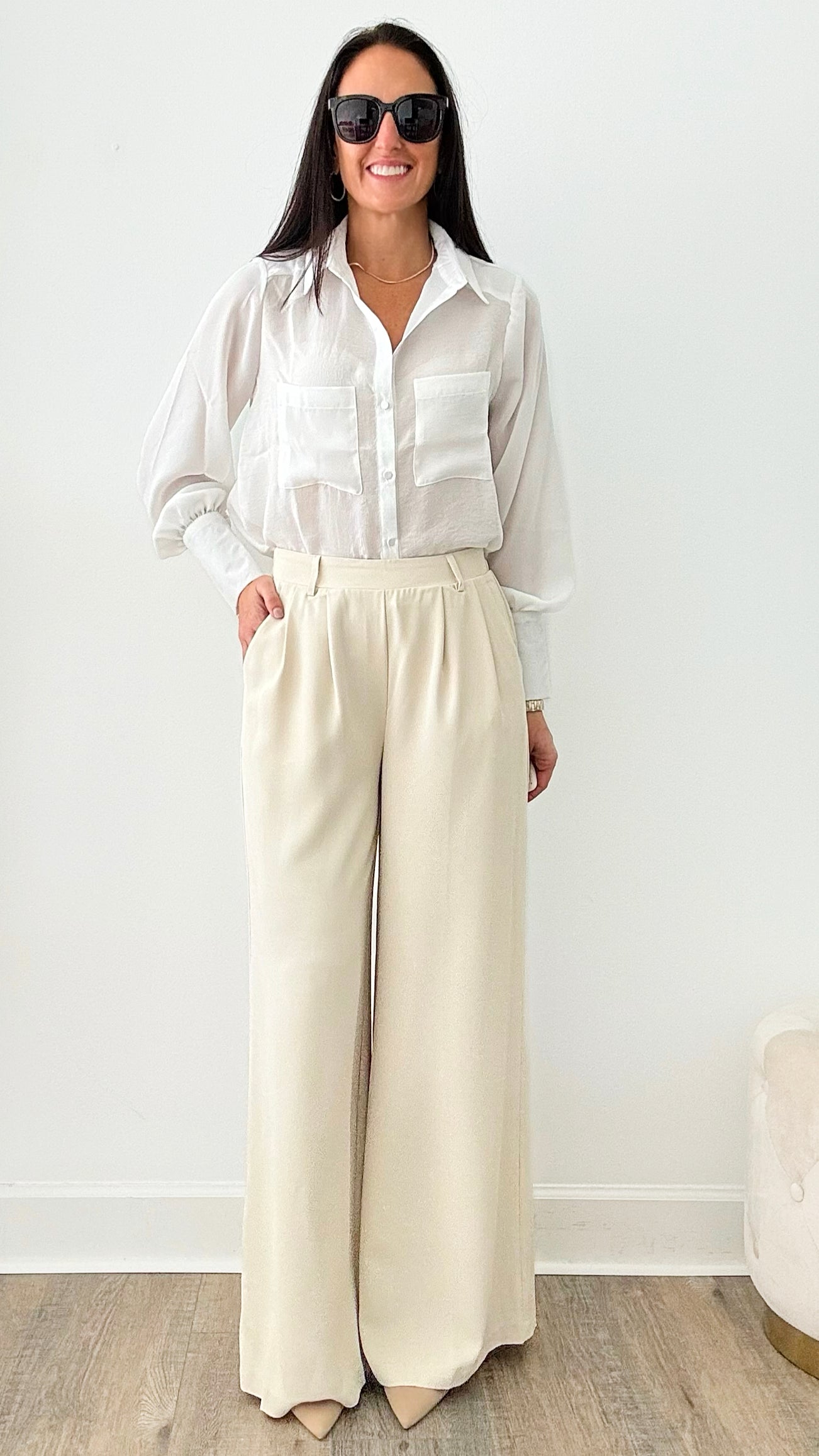 Pleated Solid Pants - Oatmeal-170 Bottoms-EESOME-Coastal Bloom Boutique, find the trendiest versions of the popular styles and looks Located in Indialantic, FL