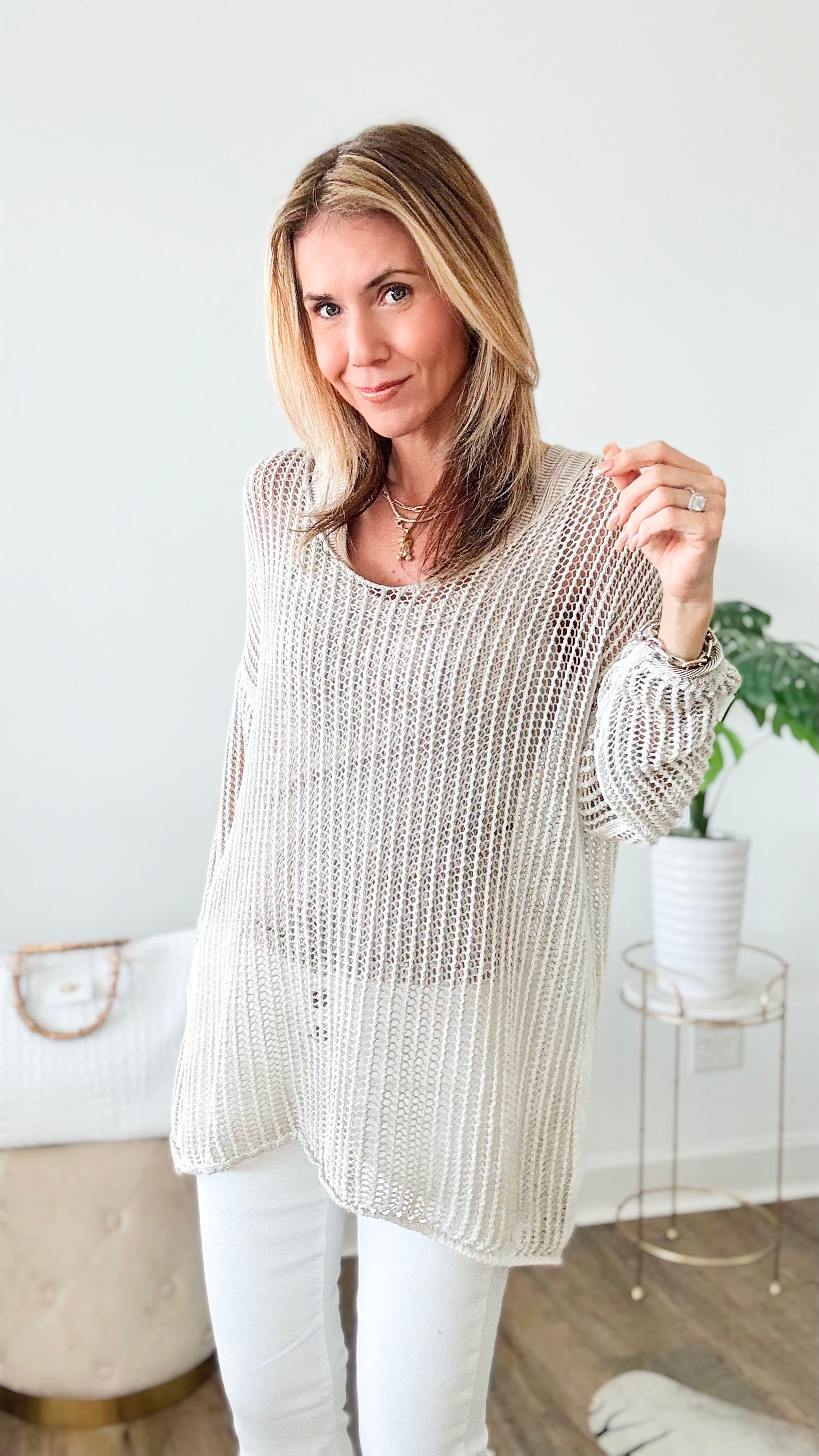 Relaxed Italian Crochet Top - Beige-130 Long Sleeve Tops-V6-Coastal Bloom Boutique, find the trendiest versions of the popular styles and looks Located in Indialantic, FL