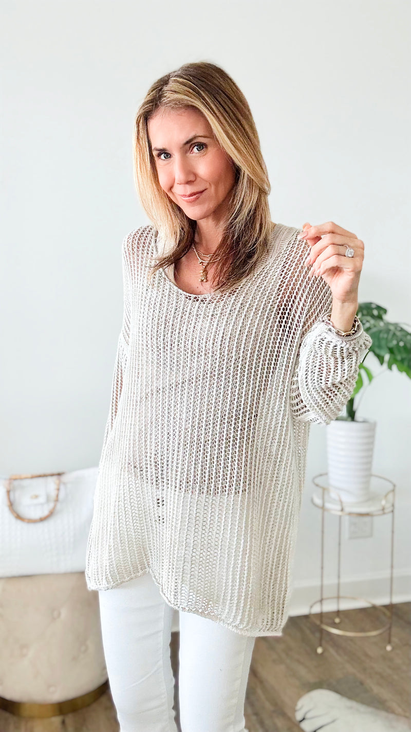 Relaxed Italian Crochet Top - Beige-130 Long Sleeve Tops-V6-Coastal Bloom Boutique, find the trendiest versions of the popular styles and looks Located in Indialantic, FL