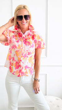 Floral Puff Sleeves Blouse- Ivory Pink-110 Short Sleeve Tops-Flying Tomato-Coastal Bloom Boutique, find the trendiest versions of the popular styles and looks Located in Indialantic, FL