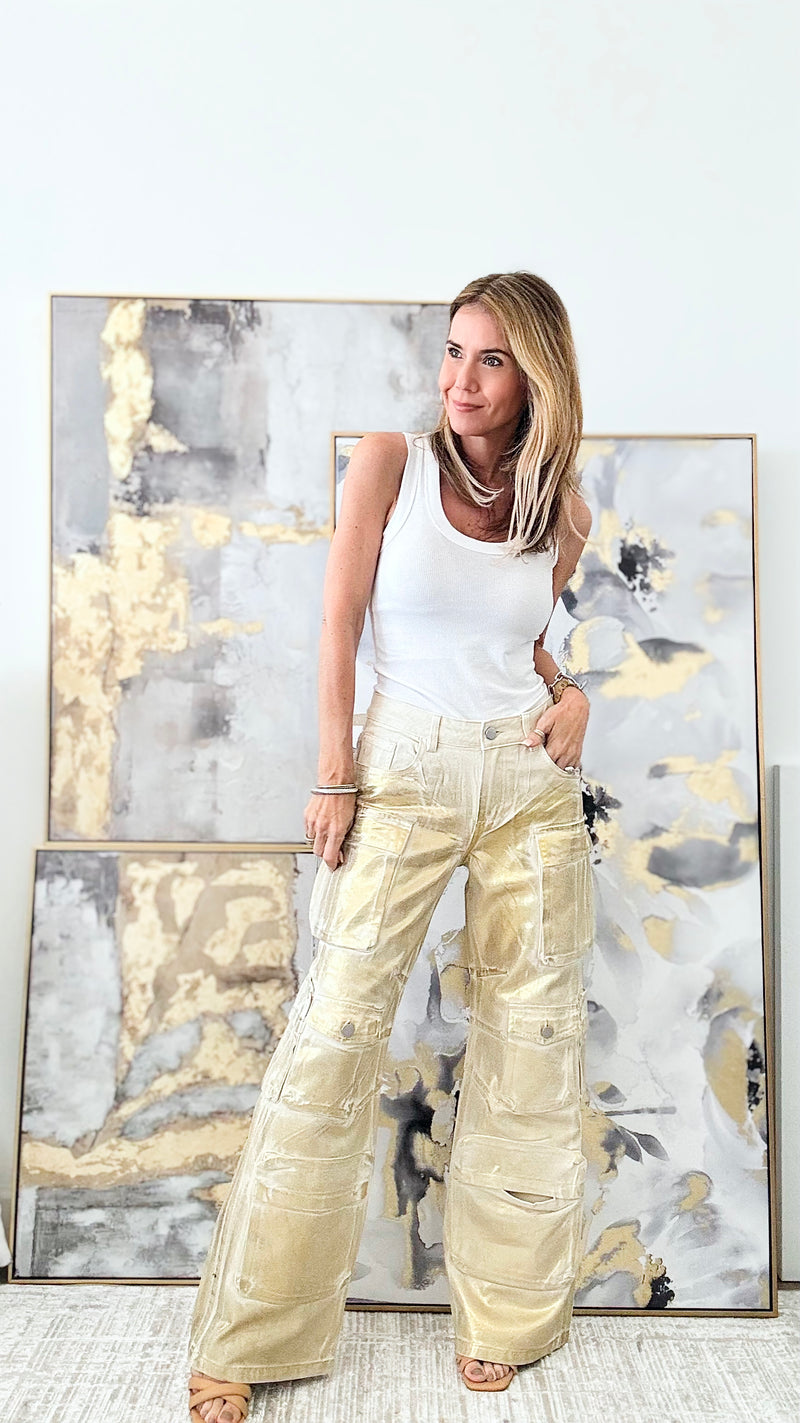 Metallic Foil Detail Cargo Pants-170 Bottoms-Galita-Coastal Bloom Boutique, find the trendiest versions of the popular styles and looks Located in Indialantic, FL