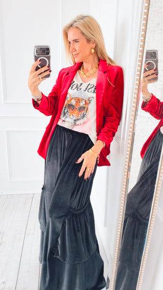 Velvet Ruched Blazer - Red