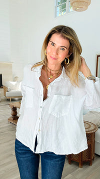 Pure Breeze Linen Italian Button Top- White-110 short Sleeve Top-Italianissimo-Coastal Bloom Boutique, find the trendiest versions of the popular styles and looks Located in Indialantic, FL