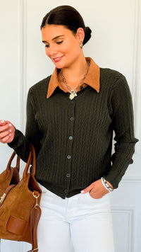 Cable Stitch Italian Button Cardigan- Olive-170 Bottoms-Italianissimo-Coastal Bloom Boutique, find the trendiest versions of the popular styles and looks Located in Indialantic, FL
