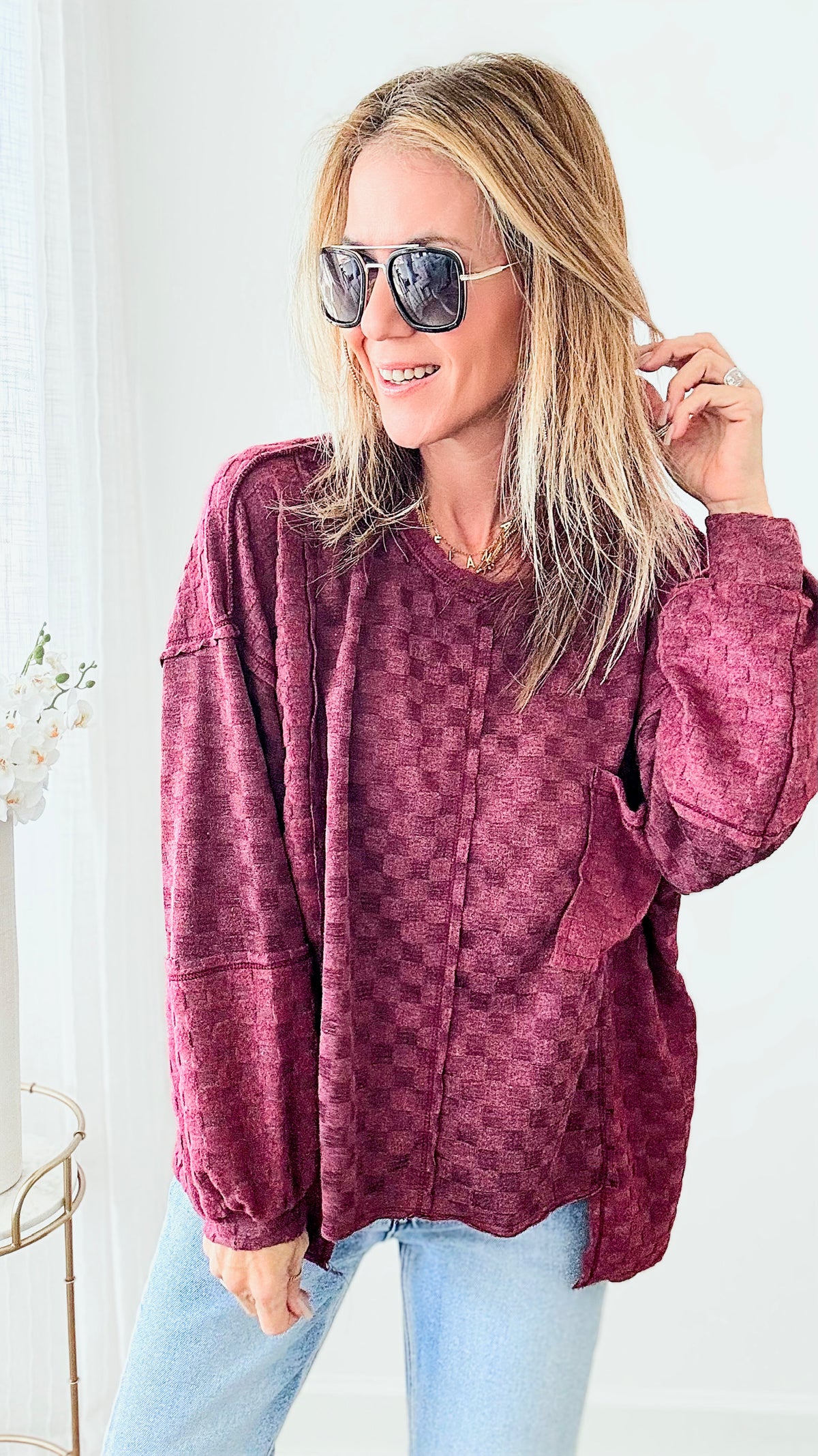 Brushed Checker Reverse Top - Burgundy-130 Long Sleeve Tops-BIBI-Coastal Bloom Boutique, find the trendiest versions of the popular styles and looks Located in Indialantic, FL