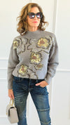 Sequin Blossom Italian Knit Sweater- Grey-140 Sweaters-AZUL MONACO-Coastal Bloom Boutique, find the trendiest versions of the popular styles and looks Located in Indialantic, FL
