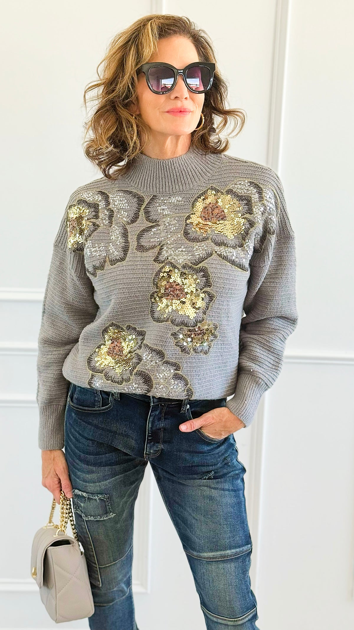 Sequin Blossom Italian Knit Sweater- Grey-140 Sweaters-AZUL MONACO-Coastal Bloom Boutique, find the trendiest versions of the popular styles and looks Located in Indialantic, FL
