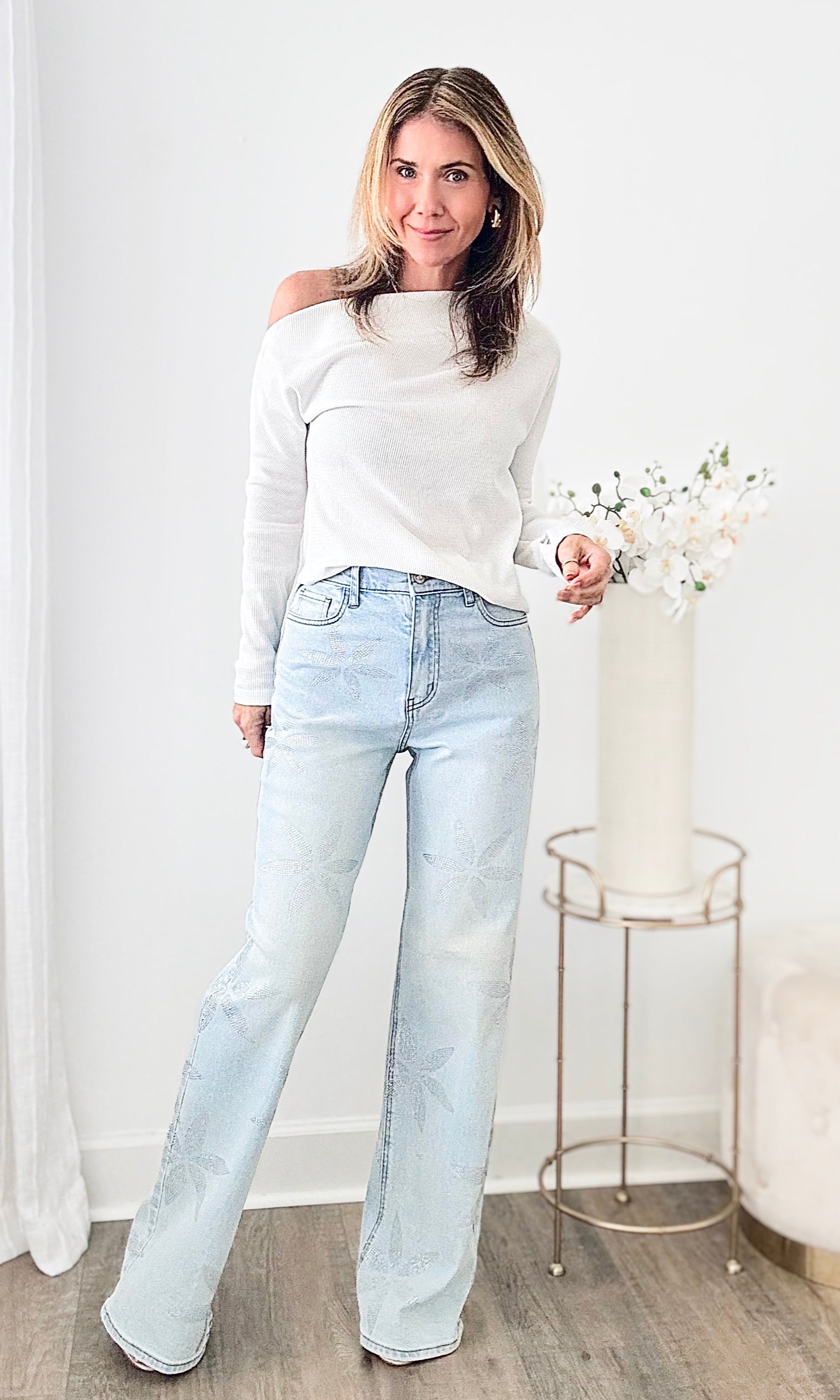 Find Me Flower Rhinestone Wide Leg Jeans-170 Bottoms-Vibrant M.i.U-Coastal Bloom Boutique, find the trendiest versions of the popular styles and looks Located in Indialantic, FL