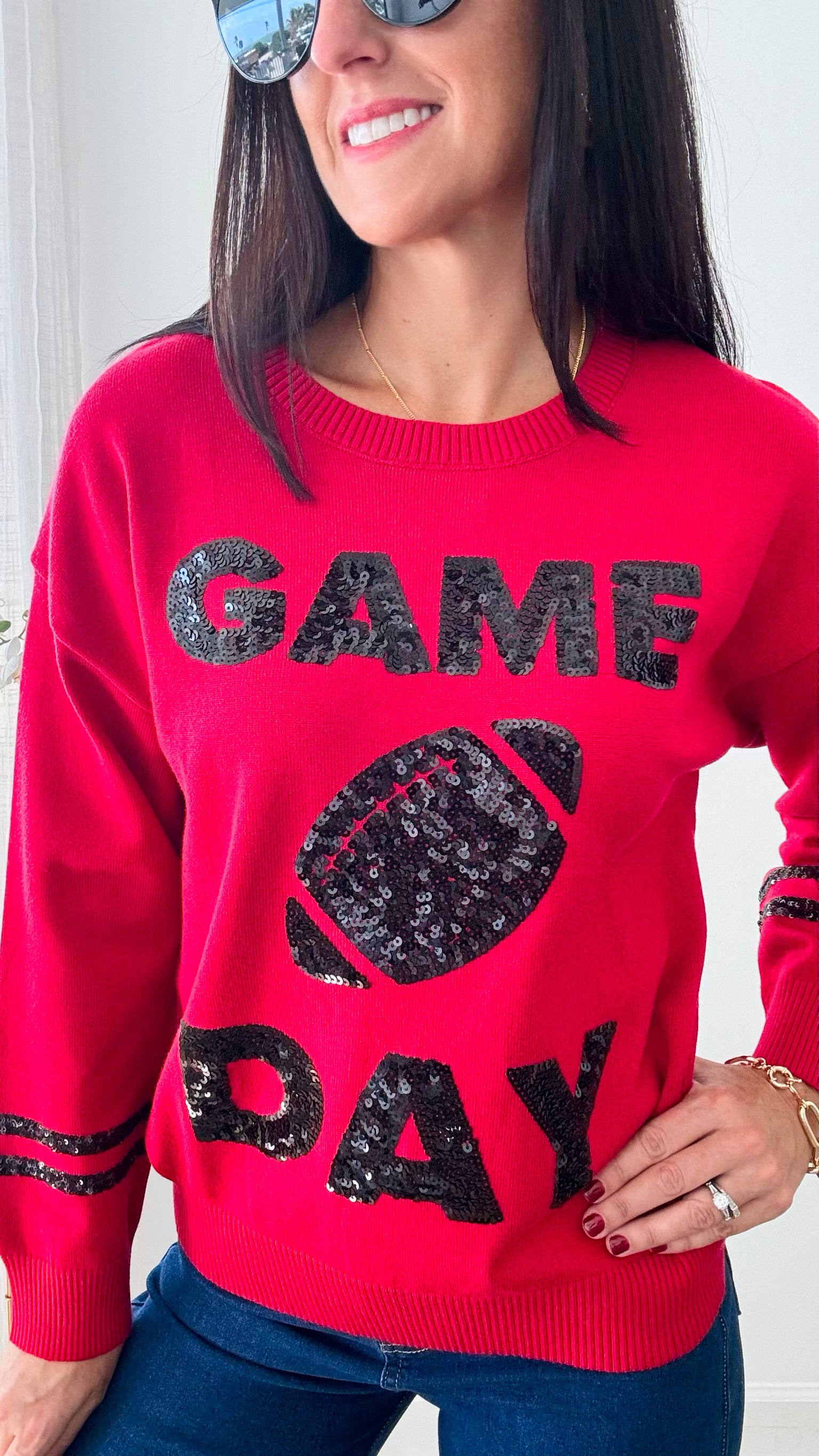 Game Day Sequin Sweater - Red Black-140 Sweaters-Why Dress-Coastal Bloom Boutique, find the trendiest versions of the popular styles and looks Located in Indialantic, FL