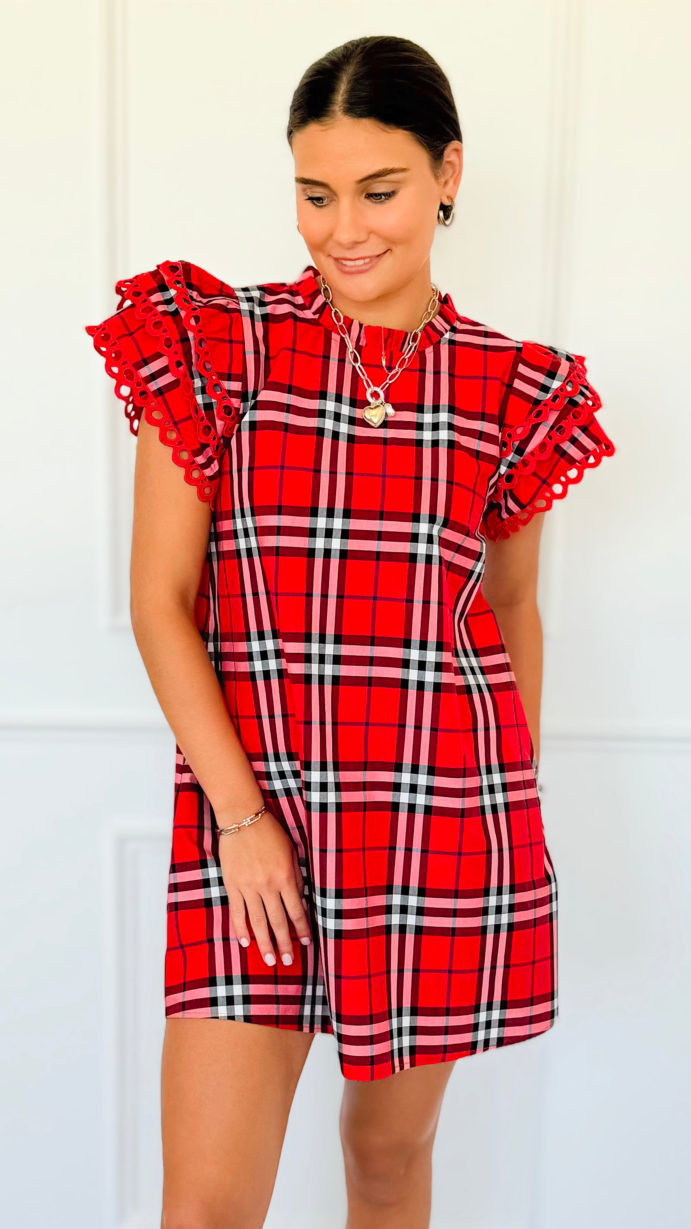 Plaid Ruffle Sleeve Dress - Red Mix-200 Dresses/Jumpsuits/Rompers-Jodifl-Coastal Bloom Boutique, find the trendiest versions of the popular styles and looks Located in Indialantic, FL