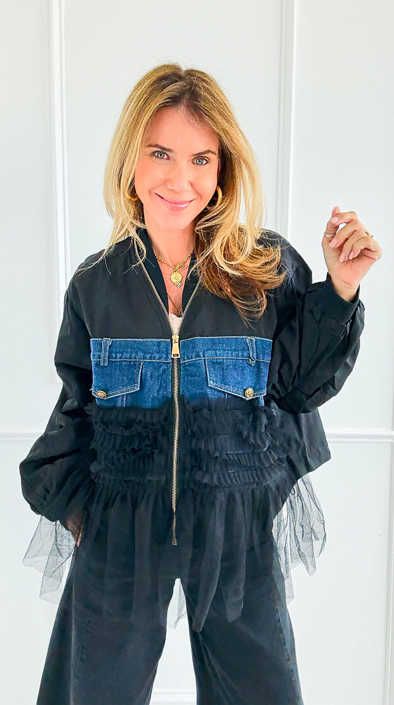 Tulle & Denim Italian Zip Jacket-160 Jackets-MAY MODA-Coastal Bloom Boutique, find the trendiest versions of the popular styles and looks Located in Indialantic, FL
