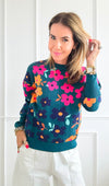 Floral Print Ribbed Knit Sweater-140 Sweaters-THML-Coastal Bloom Boutique, find the trendiest versions of the popular styles and looks Located in Indialantic, FL