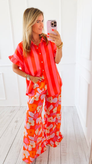 Ruffle Me Up Italian Button Top- Orange/Pink