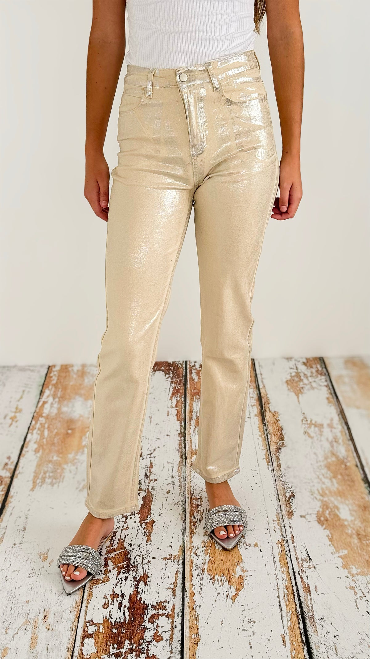 High Rise Metallic Denim Pants - Beige-170 Bottoms-KIWI-Coastal Bloom Boutique, find the trendiest versions of the popular styles and looks Located in Indialantic, FL