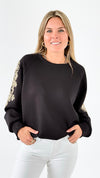 Ornate Blossom Sleeve Italian Sweater- Black-140 Sweaters-Italianissimo-Coastal Bloom Boutique, find the trendiest versions of the popular styles and looks Located in Indialantic, FL