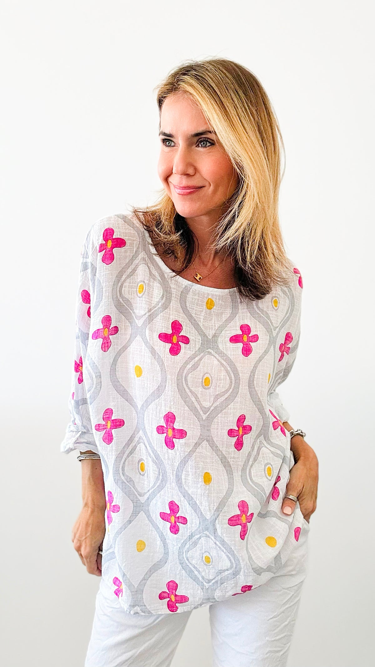 Flower Power Italian Linen Top - White-100 Sleeveless Tops-Italianissimo-Coastal Bloom Boutique, find the trendiest versions of the popular styles and looks Located in Indialantic, FL