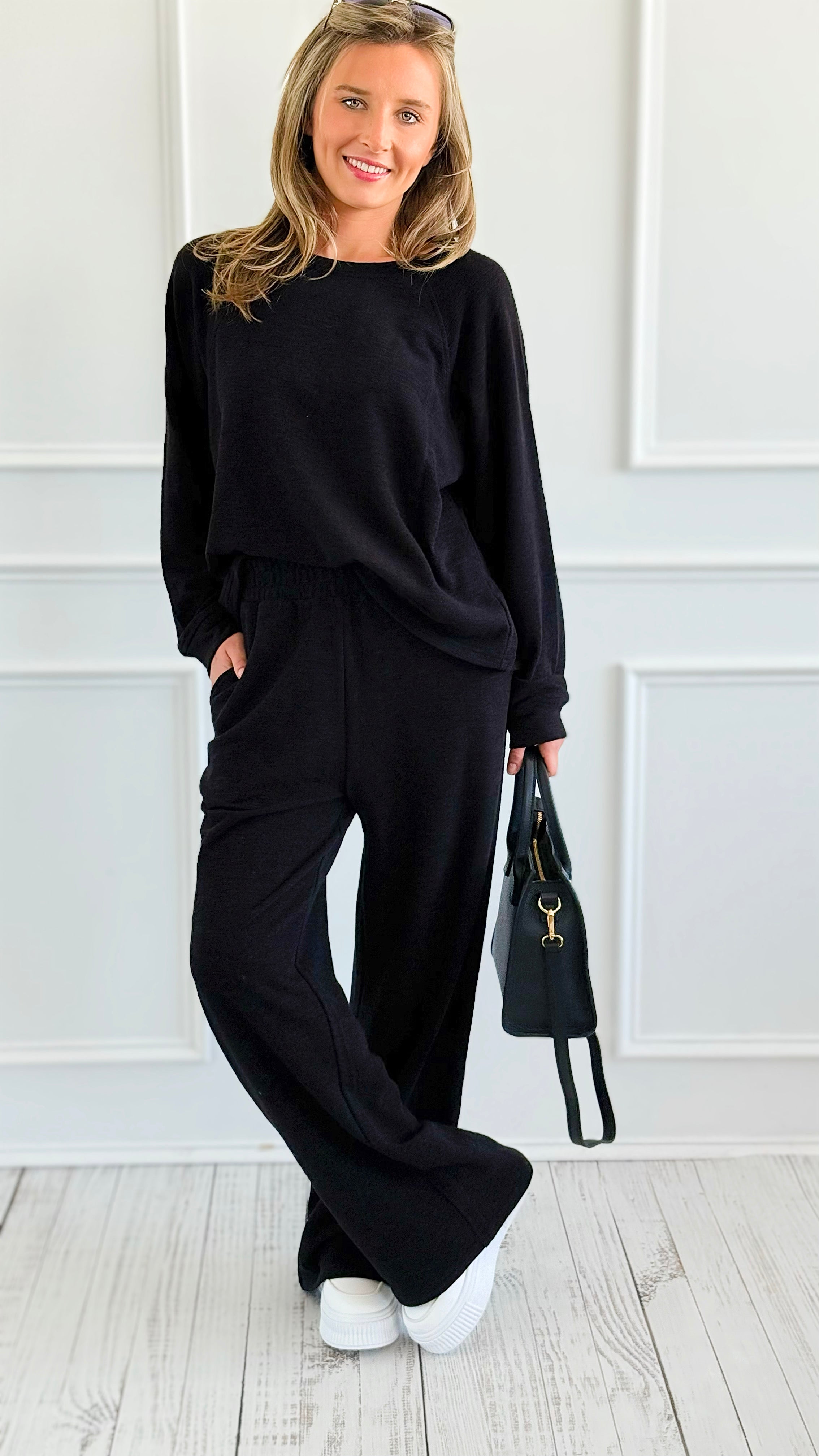 Relax Mode Long Sleeve Slub Knit Set -Black-210 Loungewear/Sets-Zenana-Coastal Bloom Boutique, find the trendiest versions of the popular styles and looks Located in Indialantic, FL