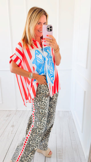 Wild Leopard Print Wide Leg Pants - Red Heart