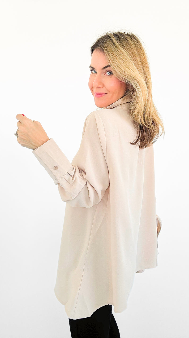 SoHo Button Down Top - Beige-130 Long Sleeve Tops-Must Have-Coastal Bloom Boutique, find the trendiest versions of the popular styles and looks Located in Indialantic, FL