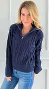 Knit Zipper Sweater - Navy-140 Sweaters-English Factory-Coastal Bloom Boutique, find the trendiest versions of the popular styles and looks Located in Indialantic, FL