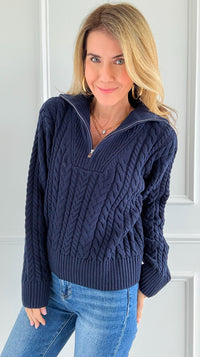 Knit Zipper Sweater - Navy-140 Sweaters-English Factory-Coastal Bloom Boutique, find the trendiest versions of the popular styles and looks Located in Indialantic, FL