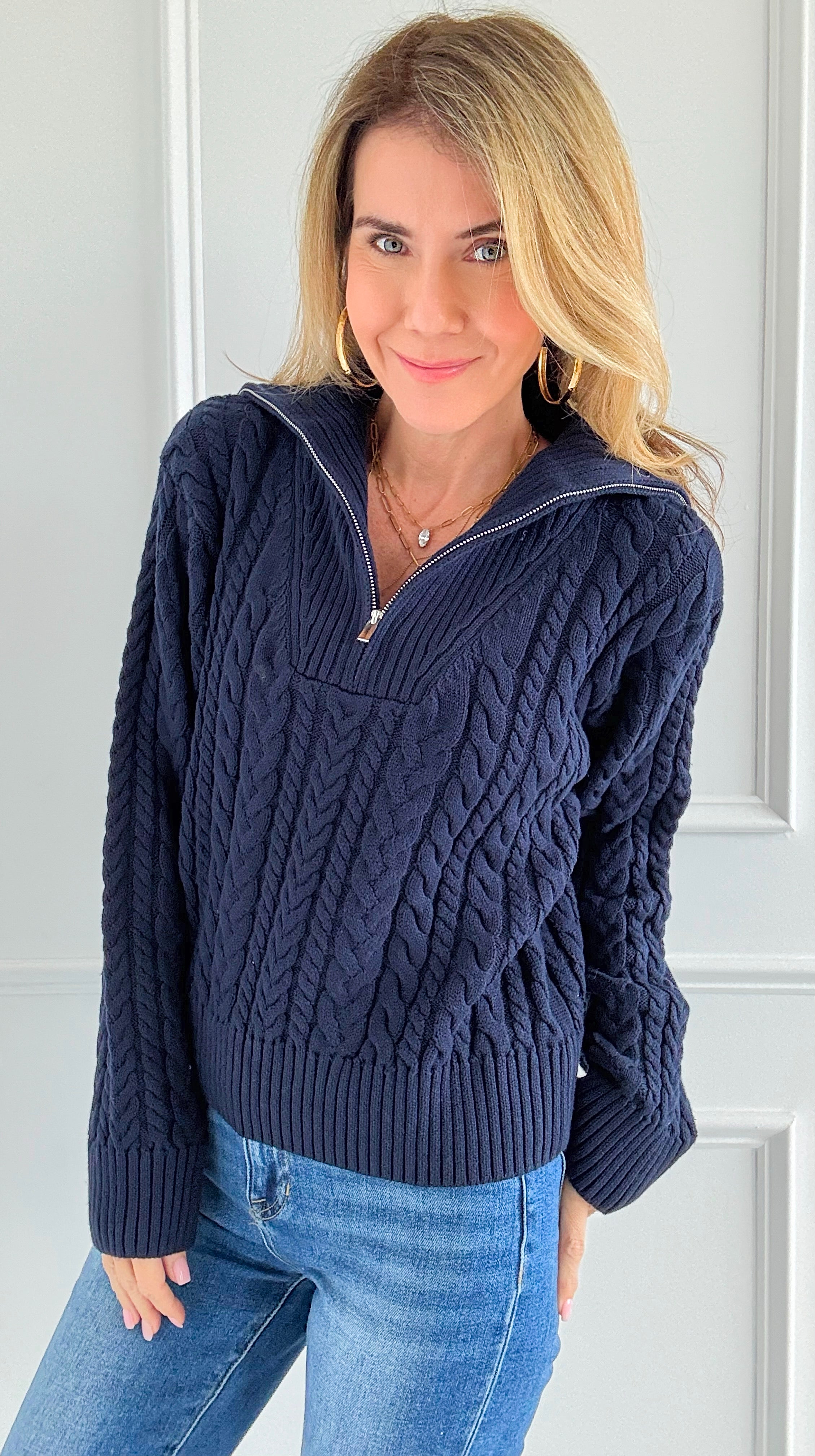 Knit Zipper Sweater - Navy-140 Sweaters-English Factory-Coastal Bloom Boutique, find the trendiest versions of the popular styles and looks Located in Indialantic, FL