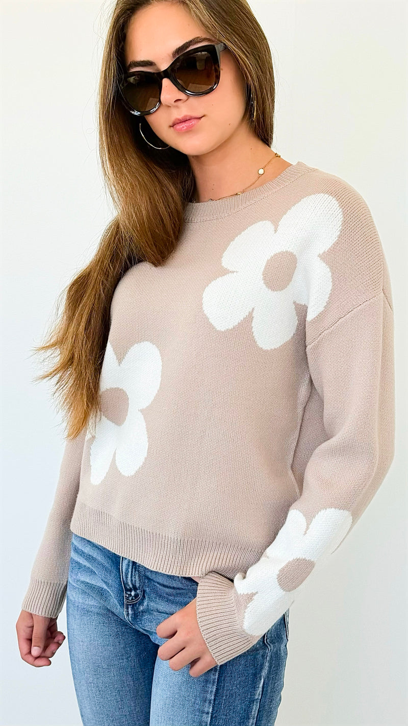 Flower Print Drop Sleeve Sweater - Beige-140 Sweaters-Miracle-Coastal Bloom Boutique, find the trendiest versions of the popular styles and looks Located in Indialantic, FL