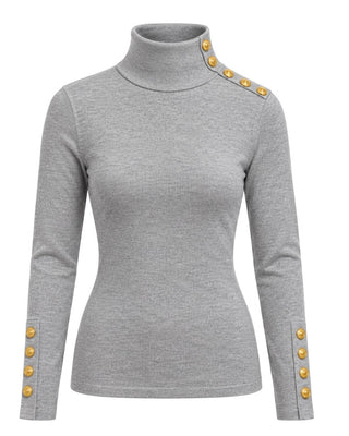 Ribbed Turtle Neck Long Sleeve Top w/ Embellished Shoulder - Heather Gray