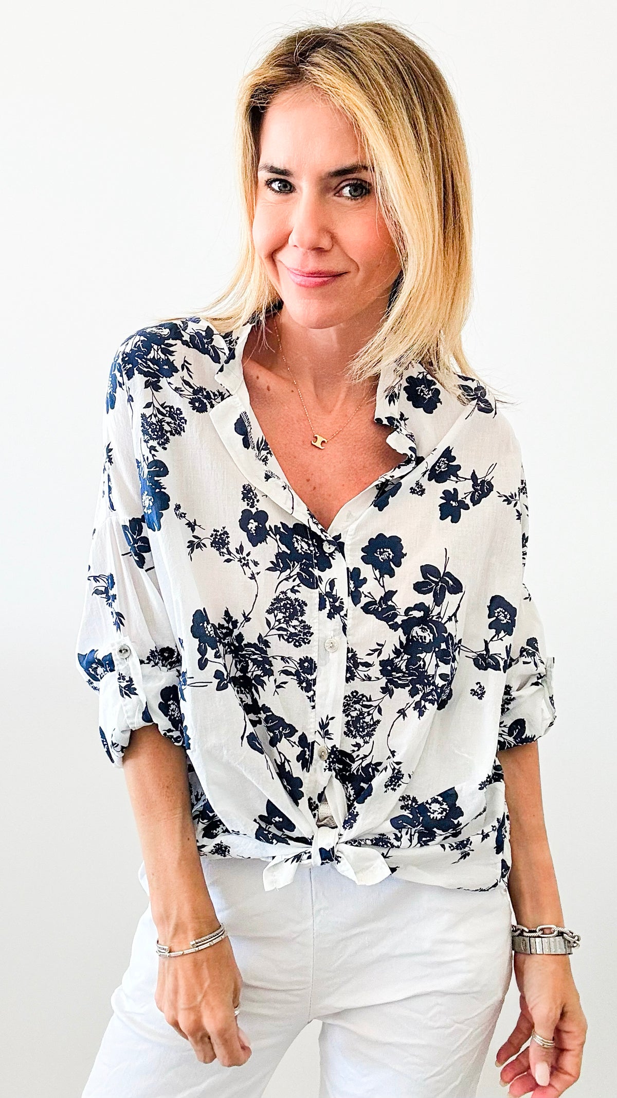 Tie Front Italian Floral Blouse- White/Navy-170 Bottoms-Italianissimo-Coastal Bloom Boutique, find the trendiest versions of the popular styles and looks Located in Indialantic, FL