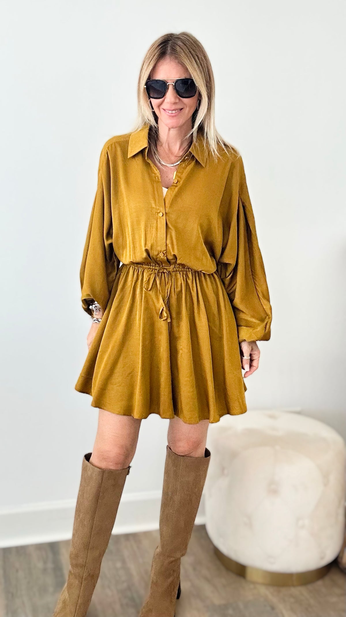 City Sweetheart Drawstring Waist Shirt Dress - Mustard-200 dresses/jumpsuits/rompers-HYFVE-Coastal Bloom Boutique, find the trendiest versions of the popular styles and looks Located in Indialantic, FL