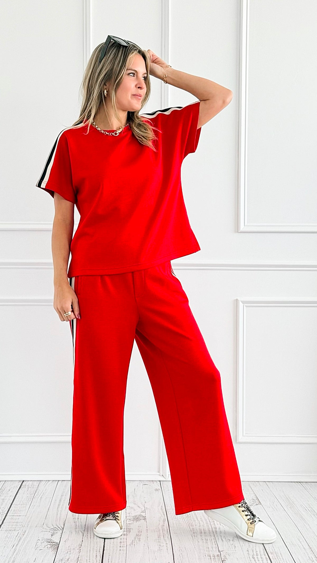 Striped Down Line Wide-Leg Pant Set - Red-210 Loungewear/sets-Jodifl-Coastal Bloom Boutique, find the trendiest versions of the popular styles and looks Located in Indialantic, FL