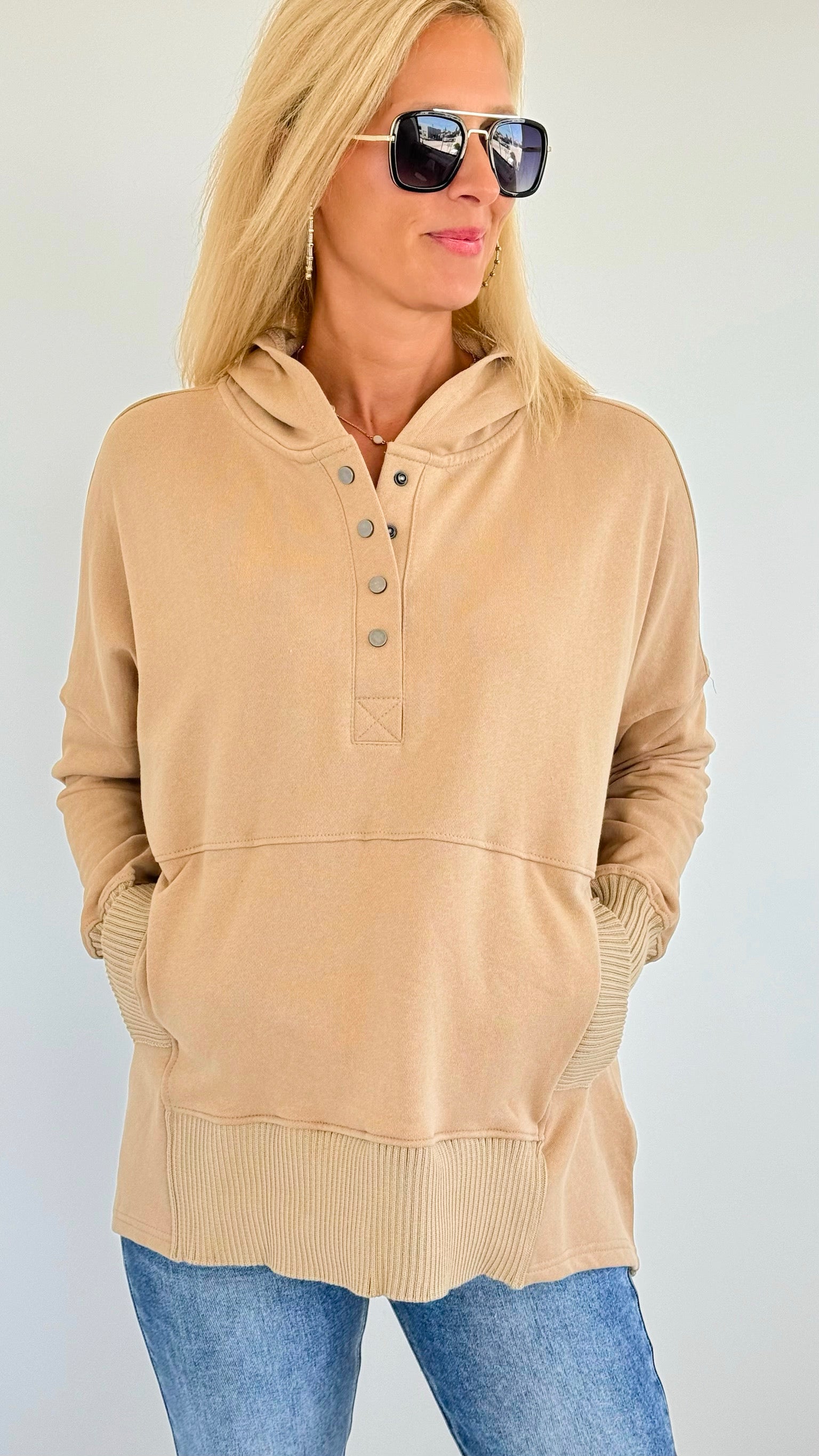 French Terry Buttoned Down Hoodie - Taupe-130 Long Sleeve Tops-BucketList-Coastal Bloom Boutique, find the trendiest versions of the popular styles and looks Located in Indialantic, FL