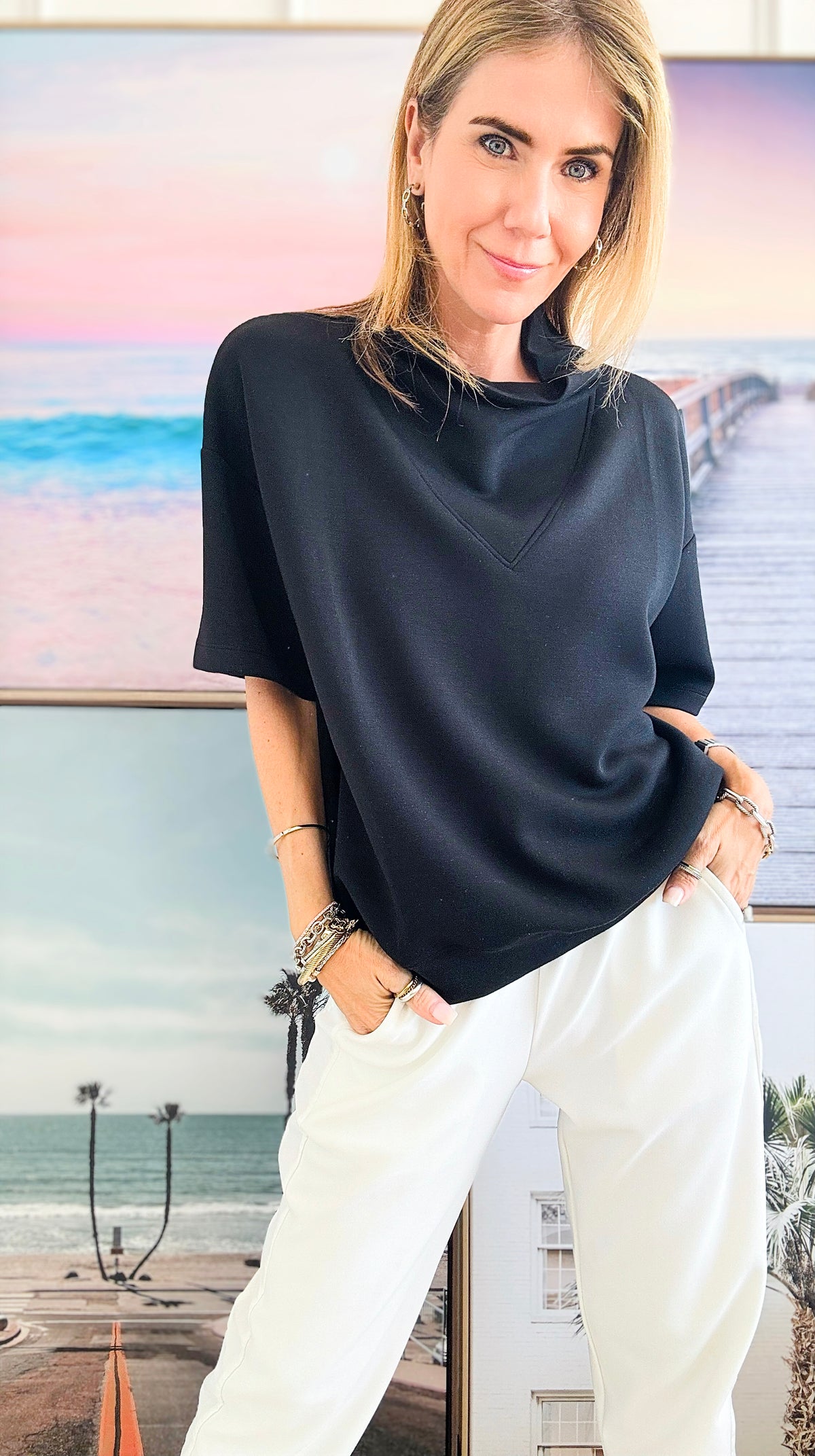 Suave Scuba Cowl Neck Top - Black-110 Short Sleeve Tops-Rae Mode-Coastal Bloom Boutique, find the trendiest versions of the popular styles and looks Located in Indialantic, FL
