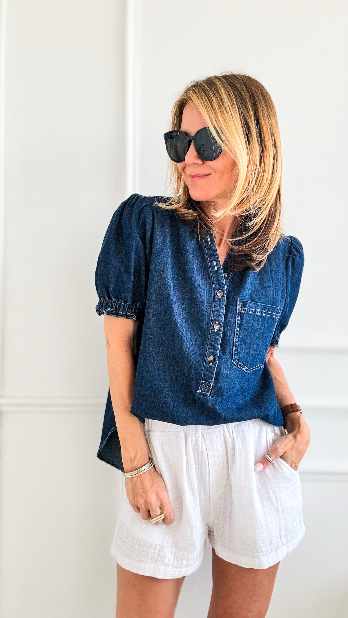 Mineral Washed Denim Top-110 Short Sleeve Tops-EESOME-Coastal Bloom Boutique, find the trendiest versions of the popular styles and looks Located in Indialantic, FL