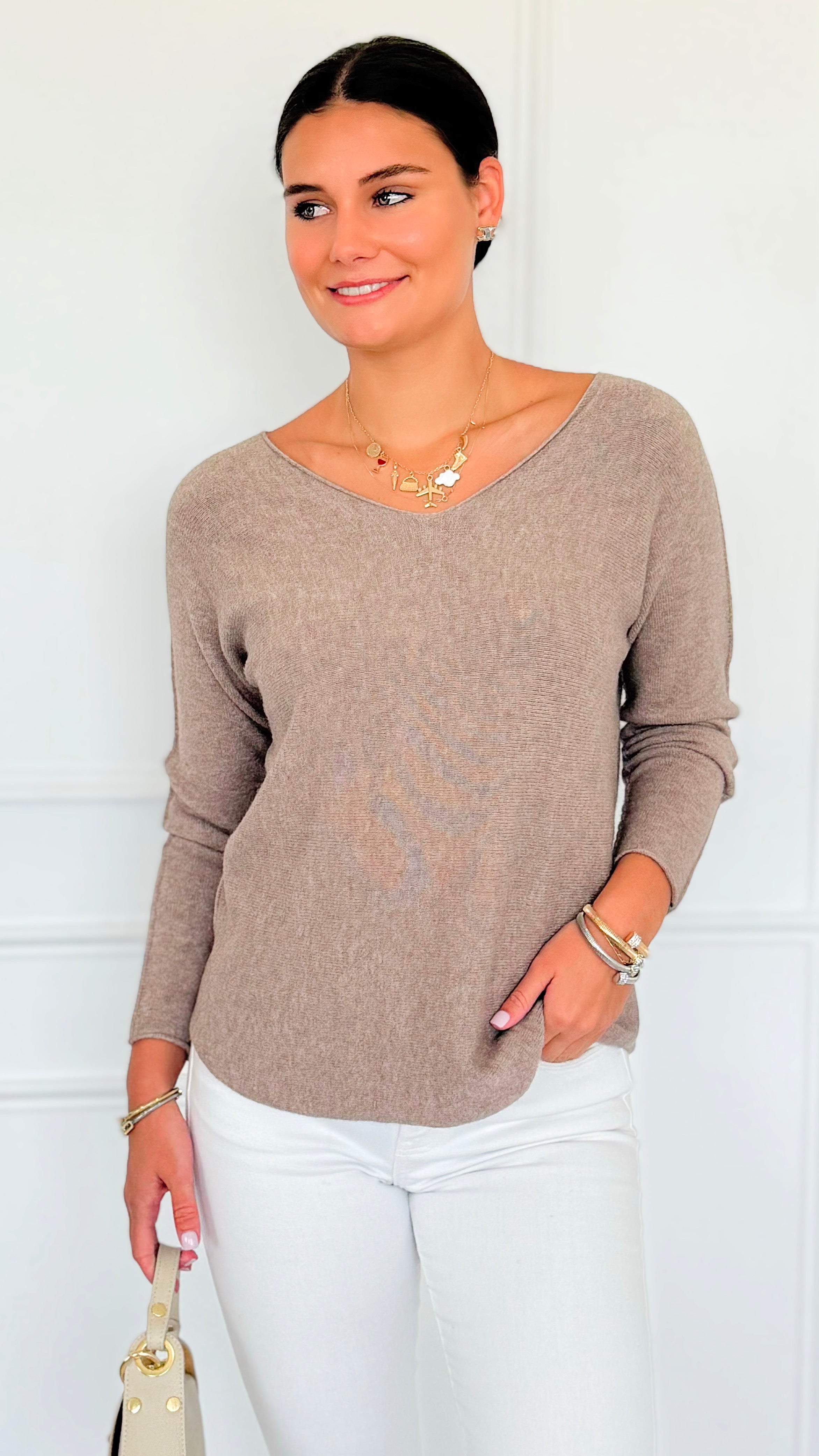 Soho Italian V-Neck Pullover - Ash Mocha-140 Sweaters-Italianissimo-Coastal Bloom Boutique, find the trendiest versions of the popular styles and looks Located in Indialantic, FL
