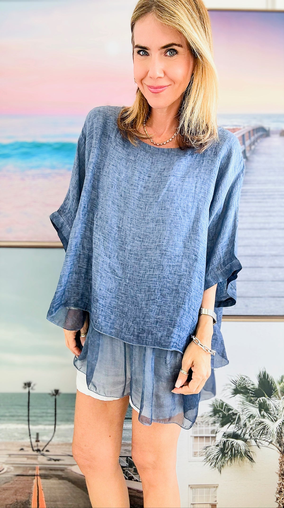 Linen Ruffle Italian Top - Denim-110 Short Sleeve Tops-Italianissimo-Coastal Bloom Boutique, find the trendiest versions of the popular styles and looks Located in Indialantic, FL