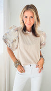 Glossy Floral Puff Sleeve Ribbed Blouse-130 Long Sleeve Tops-T H M L-Coastal Bloom Boutique, find the trendiest versions of the popular styles and looks Located in Indialantic, FL