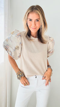 Glossy Floral Puff Sleeve Ribbed Blouse-130 Long Sleeve Tops-T H M L-Coastal Bloom Boutique, find the trendiest versions of the popular styles and looks Located in Indialantic, FL