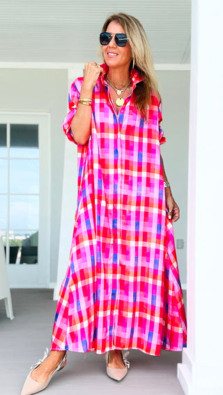 Sweet Check Italian Button Long Dress