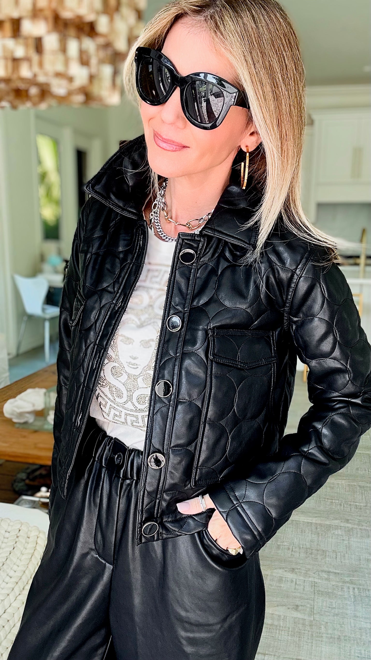 Vegan Leather Quilted Jacket - Black-150 Cardigan Layers-Dolce Cabo-Coastal Bloom Boutique, find the trendiest versions of the popular styles and looks Located in Indialantic, FL