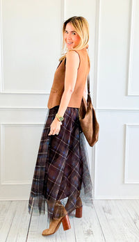 Romance In plaid Tulle Italian Skirt- Brown-170 Bottoms-AZUL MONACO-Coastal Bloom Boutique, find the trendiest versions of the popular styles and looks Located in Indialantic, FL