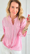 Rhinestone Striped Italian Blouse- Pink-170 Bottoms-Italianissimo-Coastal Bloom Boutique, find the trendiest versions of the popular styles and looks Located in Indialantic, FL