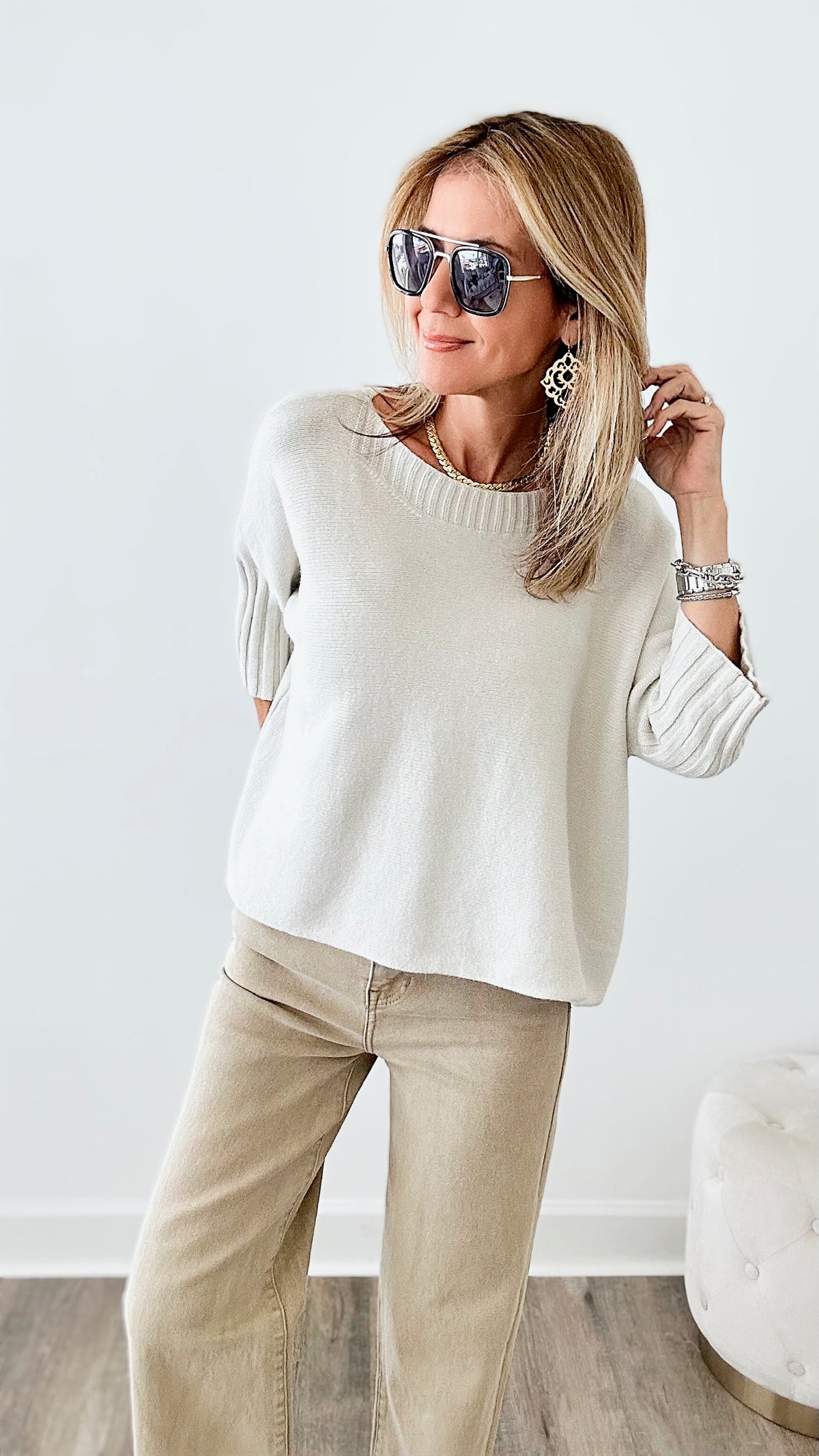 Break Free Round -Neck Italian Sweater Top - Ecru-140 Sweaters-yolly-Coastal Bloom Boutique, find the trendiest versions of the popular styles and looks Located in Indialantic, FL